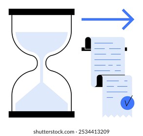 Hourglass and document checklist with blue arrow. Ideal for time management, productivity, deadlines, task completion, workflow. Simple clean vector style emphasizes themes of efficiency
