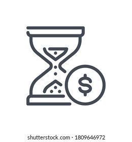 Hourglass with Dollar coin line icon. Time is Money, Salary and wage vector outline sign.