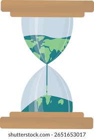 Hourglass with Earth globe sand flowing from top to bottom chamber, symbolizing environmental time pressure and urgent climate change action. White background. Earth day. Vector illustration