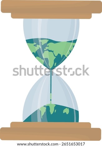 Hourglass with Earth globe sand flowing from top to bottom chamber, symbolizing environmental time pressure and urgent climate change action. White background. Earth day. Vector illustration