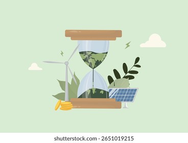 Hourglass with Earth inside surrounded by wind turbine, solar panels and green leaves, representing sustainable energy timing and environmental future. Flat style. Renewable energy.Vector illustration
