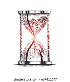 Hourglass Ecology Concept Vector. city landscape. Environmental pollution and environment protection, Hand Drawn Sketch Vector illustration.