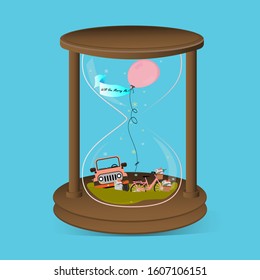 Hourglass falling sand taking the shape of car,bike,flower and balloon.