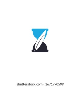 Hourglass and feather logo design. Sand glass with feather icon vector design.