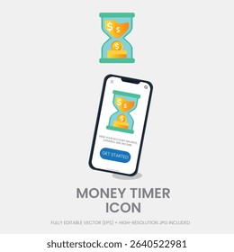 Hourglass filled with coins representing savings strategies and time-based investment. Use in apps or business visuals.