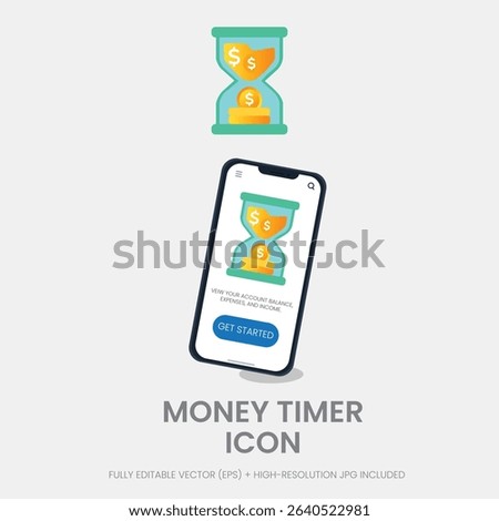 Hourglass filled with coins representing savings strategies and time-based investment. Use in apps or business visuals.