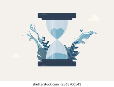 Hourglass filled with Water and Heart Symbol shape, representing time running out for water conservation. World water day concept. Saving water.Vector illustration.Ecology and environmental protection