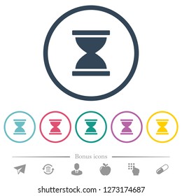 Hourglass flat color icons in round outlines. 6 bonus icons included.
