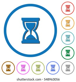 Hourglass flat color vector icons with shadows in round outlines on white background