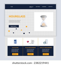Hourglass flat landing page website template. Calculator, pulse measurement, capacity measurement. Web banner with header, content and footer. Vector illustration.