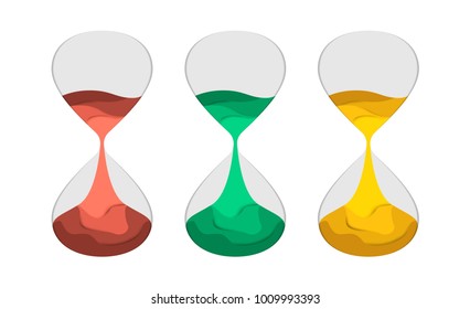 Hourglass flat vector illustration paper cut. Set of sand-clock with colored sand. The concept of time for printing or banner, paper art style. An interesting embodiment for the design