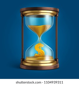Hourglass with flowing sand and dollar currency sign. Time is money vector concept. Finance and clock, sand flow illustration
