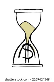 Hourglass forming the dollar sign, symbol. Conceptual illustration about time and money. Inked strokes hand drawn style vector illustration.