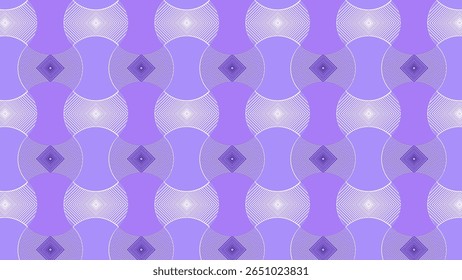 Hourglass geometric pattern with purple gradation and diagonal line fill forms a diamond optical effect. Dominant purple gives an elegant and modern impression like futuristic Op Art.