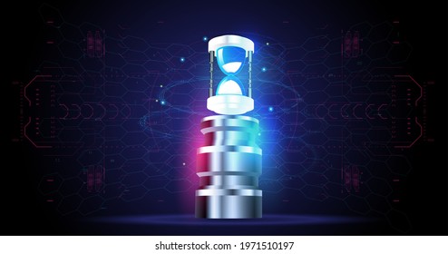 Hourglass. Glowing neon sign. Vector illustration in concept time. Sandglass on dark blue background with futuristic elements. Abstract Futuristic Technology Background.