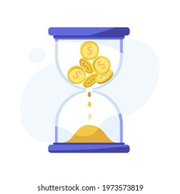 An hourglass with gold coins and sand. Flat vector design. Business concept.