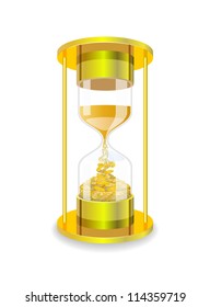 Hourglass and gold coins are shown in the image.