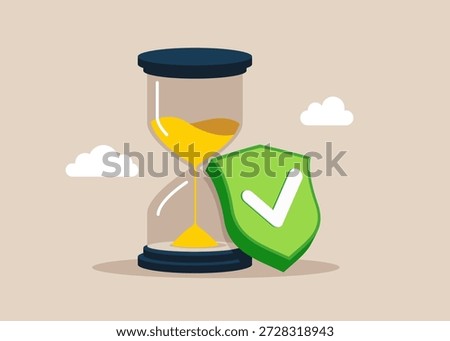 Hourglass with green shield check mark. Project deadline, running of  timely time or time management. Analysis optimization, monitoring, task management, work planning, productivity. Flat vector illustration
