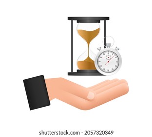Hourglass. Hands holding hougglass and sandglass. Highly detailed. Antique clock with sand inside. Vector illustration.