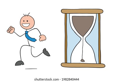 The hourglass has started and stickman businessman character is running and happy, vector cartoon illustration. Black outlined and colored. 