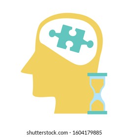 hourglass and head with jigsaw piece over white background, vector illustration