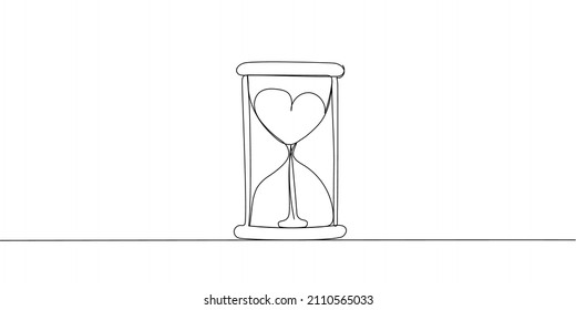 Hourglass With Heart Continuous Line Drawing. One Line Art Of Time Of Love, Long Term Relationship, Life, Sand, Symbolism, Gift.