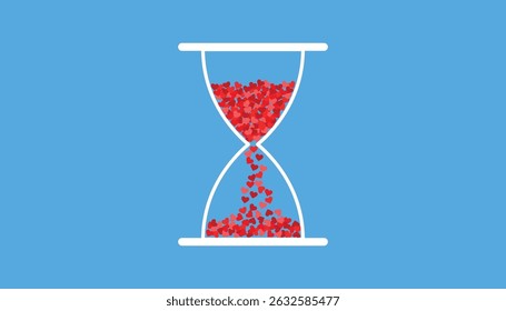 Hourglass with hearts on a blue background. time and love. love loading. vector hourglass in many hearts. valentine day