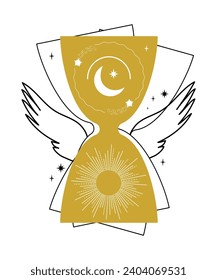 Hourglass with heavenly elements and wings. Vector composition isolated on white background.