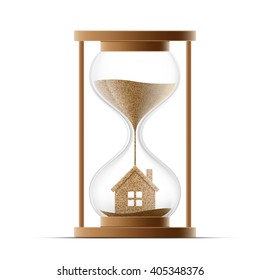 Hourglass with the house. Construction of real estate. Property insurance. Stock vector illustration.