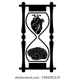 Hourglass with human heart and brain inside. Creative concept. Juxtaposition of logic and emotions. Black and white silhouette.