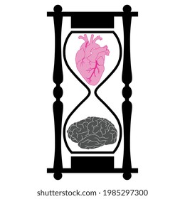 Hourglass with human heart and brain inside. Creative concept. Juxtaposition of logic and emotions. Monochrome silhouette.