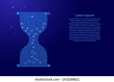 Hourglass icon abstract schematic from blue ones and zeros binary digital code with space stars for banner, poster, greeting card. Vector illustration.