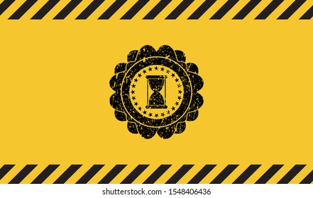 hourglass icon black grunge emblem, yellow warning sign. Vector Illustration. Detailed.