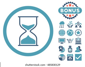 Hourglass icon with bonus images. Vector illustration style is flat iconic bicolor symbols, cyan and blue colors, white background.