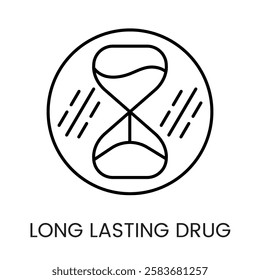 An hourglass icon with a circular design, representing the prolonged effect of drugs, in vector style, with an editable stroke.