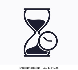 Hourglass icon with a clock on it. Sand watch line icon on white background.