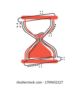 Hourglass icon in comic style. Sandglass cartoon vector illustration on white isolated background. Clock splash effect business concept.