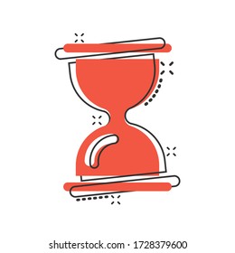 Hourglass icon in comic style. Sandglass cartoon vector illustration on white isolated background. Clock splash effect business concept.
