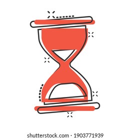 Hourglass icon in comic style. Sandglass cartoon vector illustration on white isolated background. Clock splash effect business concept.