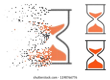 Hourglass icon in dispersed, pixelated halftone and undamaged solid versions. Pixels are composed into vector disappearing hourglass icon. Disintegration effect involves rectangular pixels.