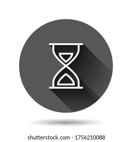Hourglass icon in flat style. Sandglass vector illustration on black round background with long shadow effect. Clock circle button business concept.