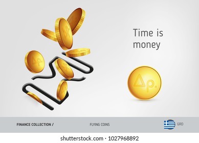 Hourglass icon with flying Greek Drachma coins, finance concept. Vector illustration for print, websites, web design, mobile app, infographics.