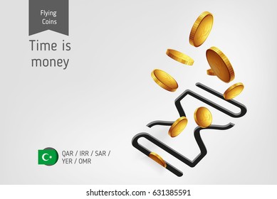Hourglass icon with flying islamic rial coins, finance concept.