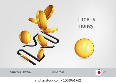 Hourglass icon with flying Japanese Yen coins, finance concept. Vector illustration for print, websites, web design, mobile app, infographics.