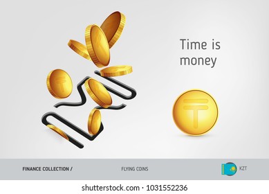 Hourglass icon with flying Kazakhstani Tenge coins, finance concept. Vector illustration for print, websites, web design, mobile app, infographics.