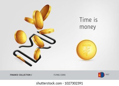 Hourglass icon with flying Mongolian Tughrik coins, finance concept. Vector illustration for print, websites, web design, mobile app, infographics. 