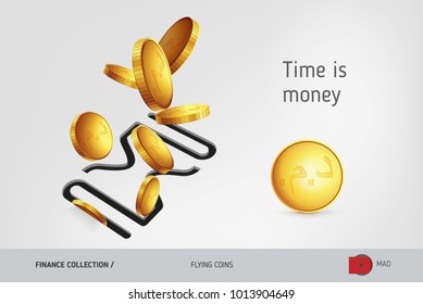 Hourglass icon with flying Moroccan Dirham coins, finance concept. Vector illustration for print, websites, web design, mobile app, infographics.