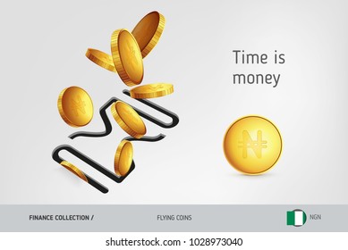 Hourglass icon with flying Nigerian Naira coins, finance concept. Vector illustration for print, websites, web design, mobile app, infographics.