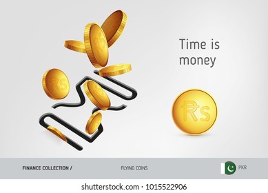 Hourglass icon with flying Pakistani Rupee coins, finance concept. Vector illustration for print, websites, web design, mobile app, infographics.