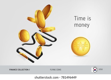 Hourglass icon with flying South Korean Won coins, finance concept. Vector illustration for print, websites, web design, mobile app, infographics.
